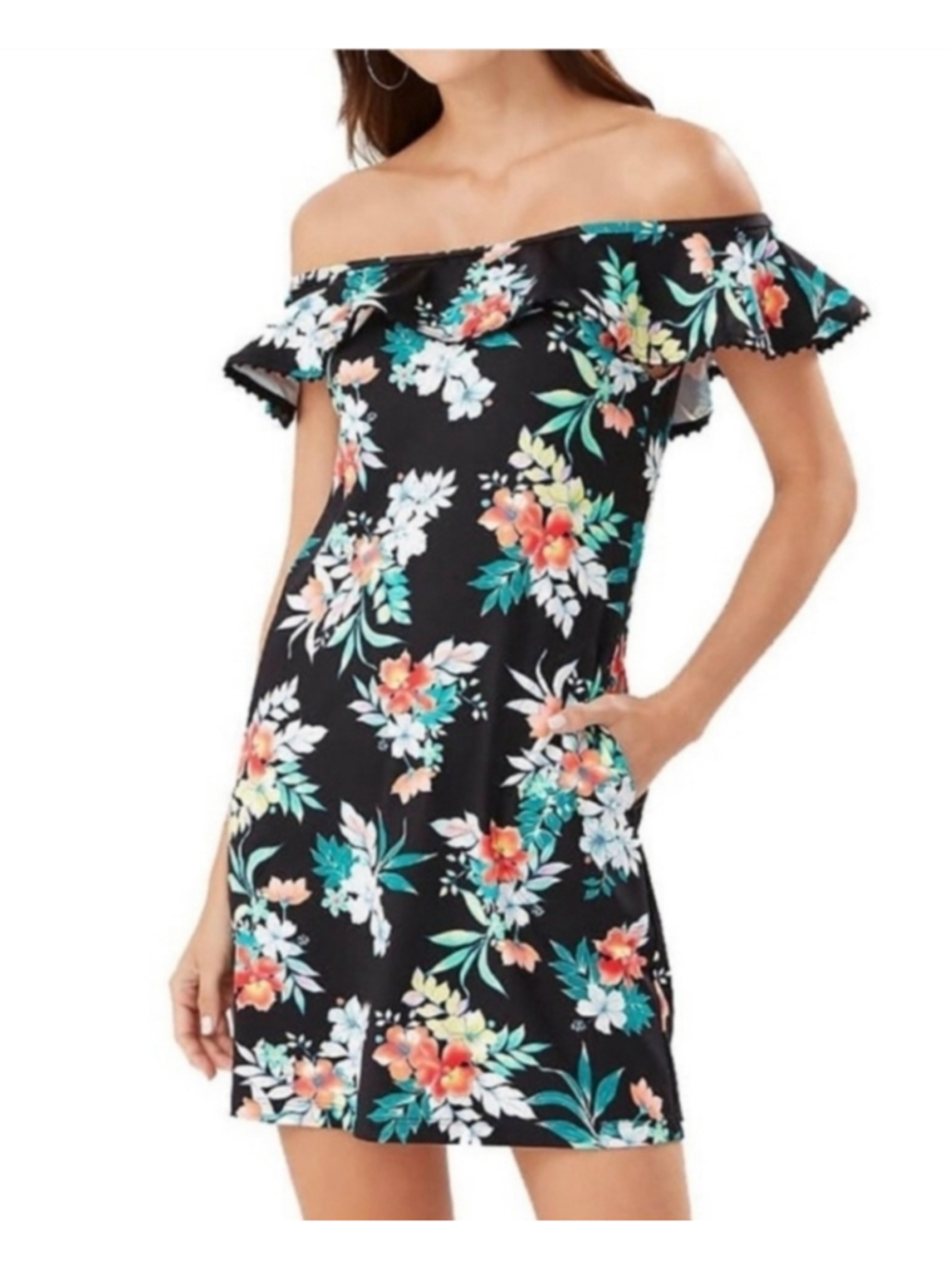 Tommy Bahamas Medium Black Tropical Floral Ruffle Sleeve Swim/Dress coverup